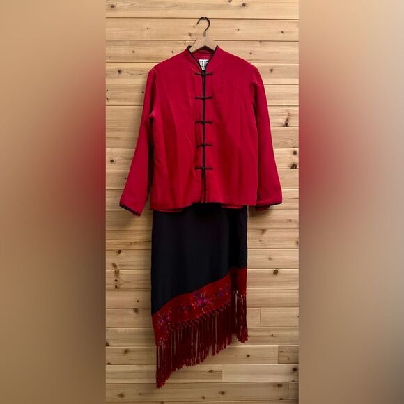 Vintage Y2K Clio Sz Large Red Black Silk Mandarin Asian Jacket Flapper Dress Set - Picture 1 of 15